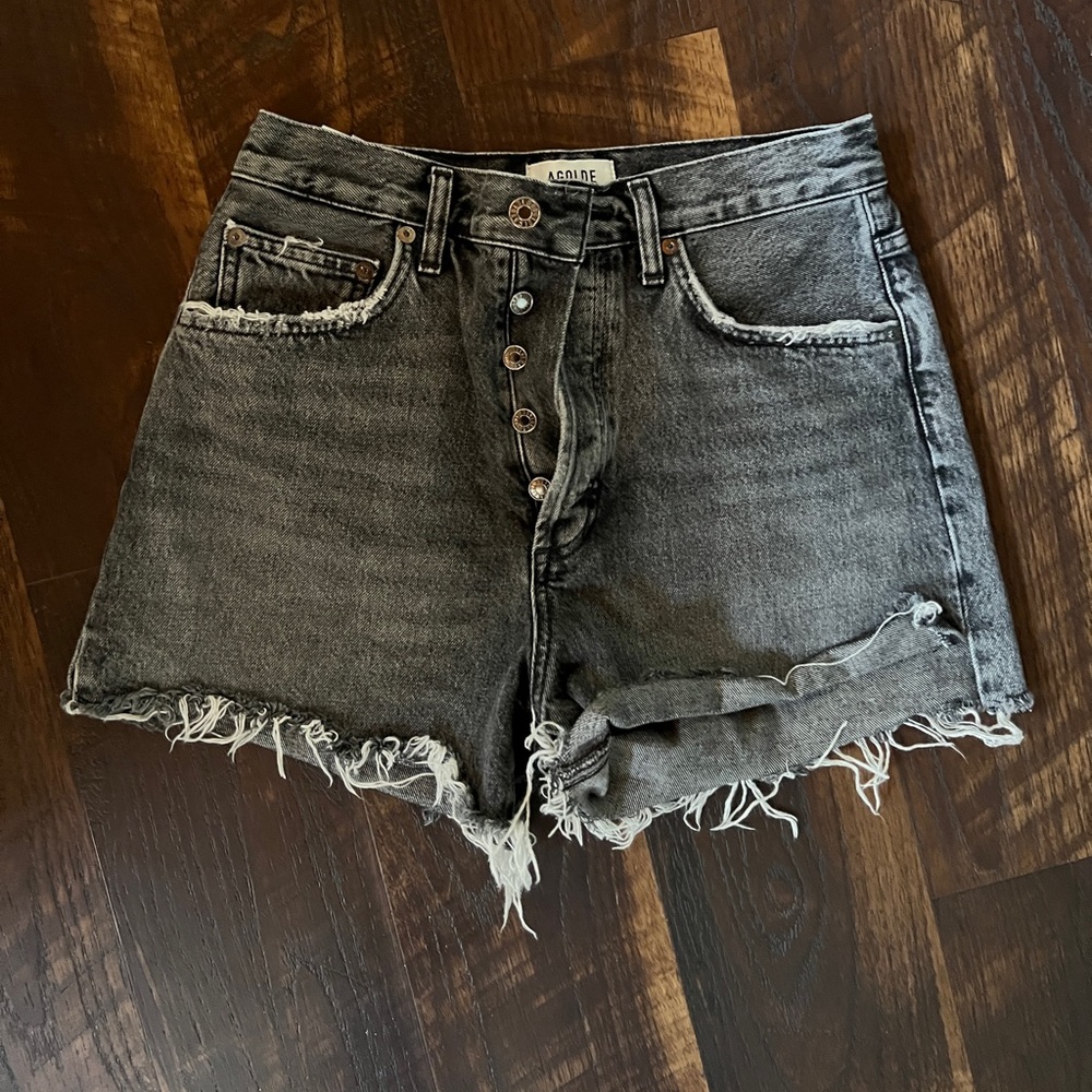 Agolde black/grey denim shorts.
